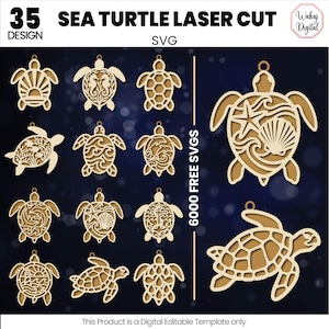 Könnte beinhalten: Eine Sammlung von 35 lasergeschnittenen Meeresschildkröten-Designs im SVG-Format. Die beigefarbenen Ornamente in Holzoptik zeigen verschiedene komplexe Ausschnitte, darunter Wellen, Muscheln, Anker, Leuchttürme und geometrische Muster mit Aufhängeöse.