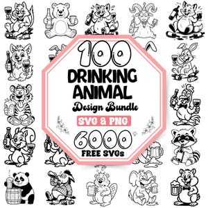 Op de afbeelding: Zwart-wit illustraties van verschillende dieren die drinken, waaronder een vos, een beer en een tijger. De afbeelding bevat een centraal ontwerpelement met de tekst "100 DRINKING ANIMAL Design Bundle SVG & PNG 6000 FREE SVGs."