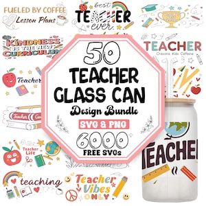 Op de afbeelding: Een afbeelding met ontwerpen met een thema voor leraren, waaronder een glazen beker met een wereldbol- en liniaalafbeelding. De afbeelding bevat illustraties van appels, potloden, boeken en de tekst "Teacher" en "Lesson Plans". De designbundel bevat SVG- en PNG-bestanden.