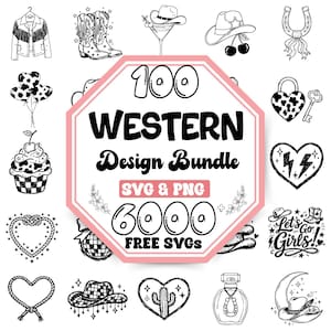 May include: A black and white illustration featuring a collection of western-themed designs. The central image is a pink and white octagon with the text "100 WESTERN Design Bundle SVG & PNG 6000 FREE SVGs". Surrounding the text are various cowboy-themed graphics.
