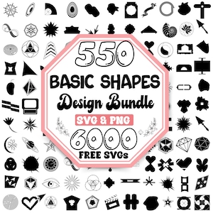 Może przedstawiać: Zbiór czarno-białych podstawowych kształtów, w tym gwiazd, serc i figur geometrycznych. Obraz zawiera różowo-biały znak z napisem "550 BASIC SHAPES Design Bundle SVG & PNG 6000 FREE SVGs".