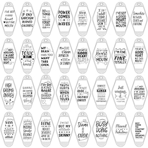May include: A set of 24 black and white keychains with humorous sayings. The keychains are shaped like motel keys and feature a variety of sayings, including "I've got a good heart but this mouth", "I'm not arguing, I'm just explaining why I'm right", and "Truth hurts especially when it's yours".