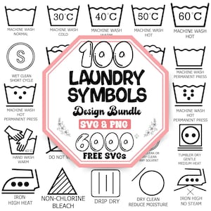 Puede incluir: Un conjunto de símbolos de lavandería en blanco y negro, que incluyen temperaturas de lavado, instrucciones de secado y ajustes de planchado. La imagen presenta un diseño central rosa y blanco con el texto "100 LAUNDRY SYMBOLS Design Bundle SVG & PNG 6000 FREE SVGs."