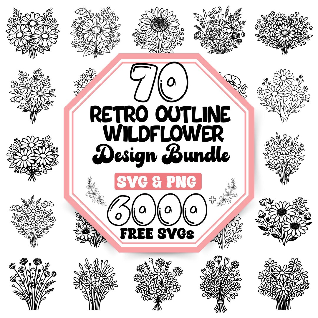 Retro Outline Wildflower SVG Bundle |floral Line Art Svg |wildflower ...