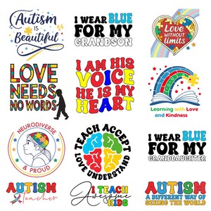 K&ouml;nnte beinhalten: Eine Sammlung farbenfroher Grafiken mit Texten zum Thema Autismus-Bewusstsein. Die Designs zeigen Puzzleteile, Herzen, Regenb&ouml;gen und B&uuml;cher. Einige der Texte beinhalten "Autismus ist sch&ouml;n", "Liebe braucht keine Worte", "Ich trage Blau f&uuml;r meinen Enkel", "Ich bin seine Stimme, er ist mein Herz", "Lehre Liebe Akzeptiere Verstehe", "Ich bringe tolle Kinder bei", und "Autismus eine andere Art, die Welt zu sehen".