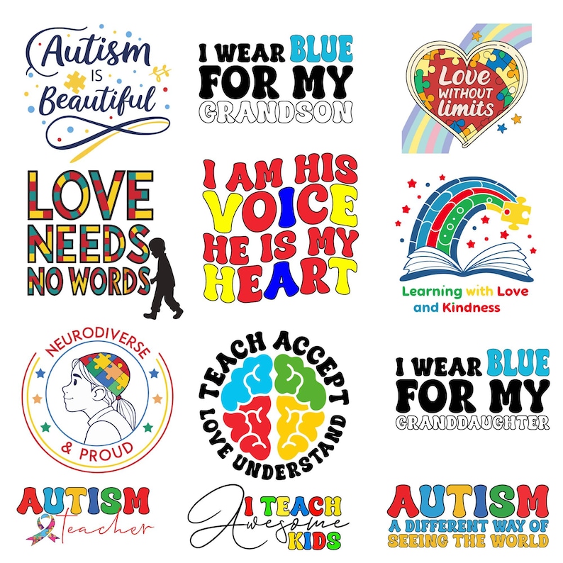 K&ouml;nnte beinhalten: Eine Sammlung farbenfroher Grafiken mit Texten zum Thema Autismus-Bewusstsein. Die Designs zeigen Puzzleteile, Herzen, Regenb&ouml;gen und B&uuml;cher. Einige der Texte beinhalten "Autismus ist sch&ouml;n", "Liebe braucht keine Worte", "Ich trage Blau f&uuml;r meinen Enkel", "Ich bin seine Stimme, er ist mein Herz", "Lehre Liebe Akzeptiere Verstehe", "Ich bringe tolle Kinder bei", und "Autismus eine andere Art, die Welt zu sehen".