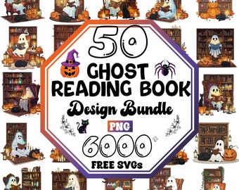 Bookish Ghost Reading PNG-bundel: spookachtig Halloween-retroontwerp (digitale download)