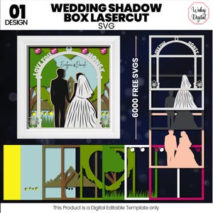 May include: A white framed wedding shadow box laser cut design. The design features a bride and groom silhouette holding hands under an arch with the words "Love You" and "Honey". The design includes the text "Wedding Shadow Box Lasercut SVG".