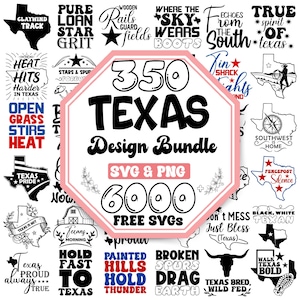 Puede incluir: Una colección de diseños SVG y PNG con temática de Texas. La imagen central es un octágono rosa y blanco con las palabras "350 TEXAS Design Bundle" y "6000 FREE SVGs". Varios gráficos y textos relacionados con Texas rodean la imagen central.