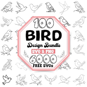 Może przedstawiać: Kolekcja czarno-białych ilustracji ptaków otacza różowy i biały ośmiokąt. Ośmiokąt zawiera tekst "100 BIRD Design Bundle SVG & PNG 6000 FREE SVGs". Ptaki są w różnych pozach.