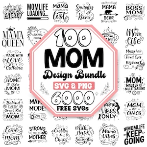 Puede incluir: Un paquete de diseño gráfico en rosa y blanco con 100 diseños de mamá SVG y PNG. El paquete incluye 6000 SVG gratuitos. Los diseños presentan varias frases e ilustraciones relacionadas con la maternidad.