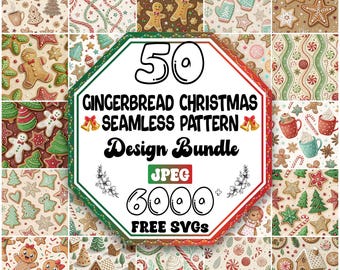 Può includere: Una collezione di motivi natalizi senza cuciture con omini di pan di zenzero, case, alberi e bastoncini di zucchero. L'immagine include il testo "50 Gingerbread Christmas Seamless Pattern Design Bundle" e "6000+ Free SVGs".