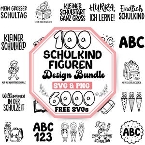 May include: A digital design bundle featuring 100 school-themed illustrations and text graphics in black and white. The central octagonal graphic displays the text 100 SCHULKIND FIGUREN Design Bundle SVG & PNG 6000 FREE SVGS surrounded by various school icons.