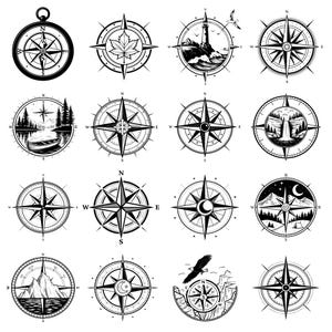 May include: A set of 16 black and white compass illustrations. The compasses feature various designs, including a lighthouse, a mountain range, a waterfall, and a maple leaf. Each compass has a classic design with a star in the center and points for north, south, east, and west.