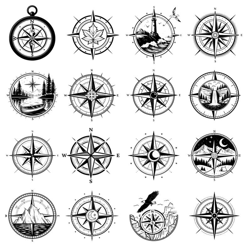May include: A set of 16 black and white compass illustrations. The compasses feature various designs, including a lighthouse, a mountain range, a waterfall, and a maple leaf. Each compass has a classic design with a star in the center and points for north, south, east, and west.