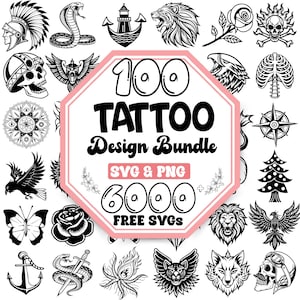 Op de afbeelding: Een verzameling van 100 zwart-witte tattoo-ontwerpen in SVG- en PNG-formaat. De ontwerpen omvatten een verscheidenheid aan afbeeldingen, zoals dieren, bloemen en geometrische vormen. De tekst "100 Tattoo Design Bundle" en "6000 Free SVGs" wordt weergegeven op een roze achthoek.
