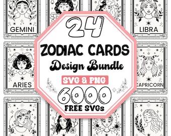 May include: A collection of 24 zodiac cards with illustrations of astrological signs, including Gemini, Aries, Libra, Capricorn, Sagittarius, Scorpio, Leo, and Virgo. The design bundle includes SVG and PNG files, with 6000 free SVGs. The cards are black and white.