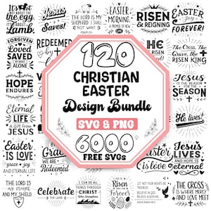 Puede incluir: Un paquete de diseño gráfico en blanco y negro con 120 diseños de Pascua cristiana. El paquete incluye archivos SVG y PNG. El texto "120 Christian Easter Design Bundle SVG & PNG 6000 FREE SVGS" se muestra en una fuente grande.