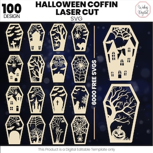 May include: A collection of laser-cut Halloween coffin designs in various styles. The designs include bats, spiders, haunted houses, and trees. The text on the image reads "HALLOWEEN COFFIN LASER CUT SVG" and "100 DESIGN".
