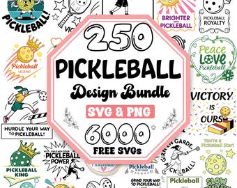 May include: A pink octagon with the text "250 Pickleball Design Bundle SVG & PNG 6000+ FREE SVGS" in black. The image is surrounded by various colorful pickleball-themed designs, including logos, illustrations, and text.