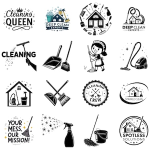 May include: A collection of 12 black and white cleaning service logos. The logos feature various cleaning tools, including a broom, dustpan, mop, vacuum cleaner, spray bottle, and a house. The logos also include text such as "Cleaning Queen", "Deep Clean Experts", "Cleaning Crew", "Sparkle Clean", and "Spotless Solutions".