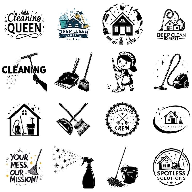 May include: A collection of 12 black and white cleaning service logos. The logos feature various cleaning tools, including a broom, dustpan, mop, vacuum cleaner, spray bottle, and a house. The logos also include text such as "Cleaning Queen", "Deep Clean Experts", "Cleaning Crew", "Sparkle Clean", and "Spotless Solutions".