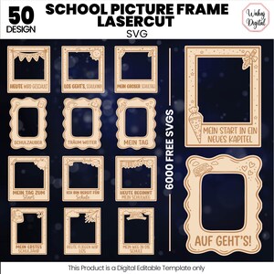 Puede incluir: Una colección de 50 diseños de marcos de fotos escolares cortados con láser en formato SVG. Los marcos de madera clara presentan varios grabados con temática escolar, incluyendo textos como HEUTE WIRD GESCHULT, MEIN GROSER SCHULTAG y AUF GEHT'S, junto a iconos de autobuses escolares, lápices y estrellas.