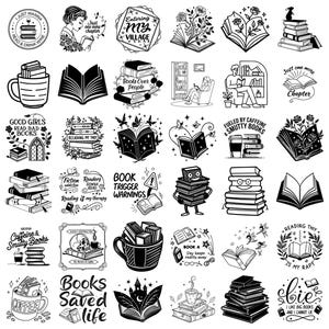 Puede incluir: Colecci&oacute;n de ilustraciones en blanco y negro con libros y temas relacionados. Los dise&ntilde;os incluyen pilas de libros, libros abiertos con detalles florales, tazas de caf&eacute; y textos como "Books Saved Life".