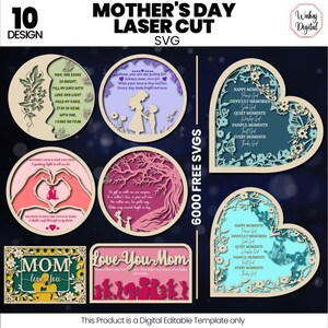 Pode incluir: Dez designs digitais de corte a laser SVG para o Dia das Mães. Os designs apresentam motivos florais e corações com vários textos, incluindo "Mãe, você brilha tanto", "Amo você mãe" e "Momentos felizes, ore a Deus".