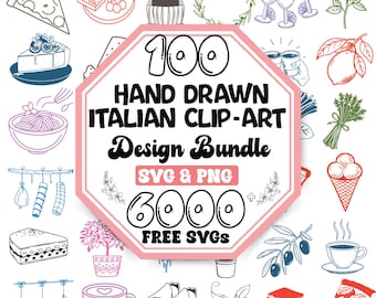 Paquete de imágenes prediseñadas italianas dibujadas a mano: comida, viajes, cultura y diseño general (descarga digital)