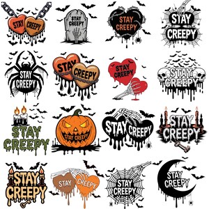 May include: A collection of Halloween-themed graphics with the phrase "Stay Creepy." Designs include hearts, spiders, pumpkins, tombstones, and bats. The color palette is primarily black, orange, and white.