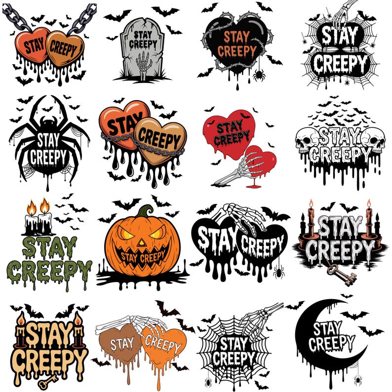 May include: A collection of Halloween-themed graphics with the phrase "Stay Creepy." Designs include hearts, spiders, pumpkins, tombstones, and bats. The color palette is primarily black, orange, and white.