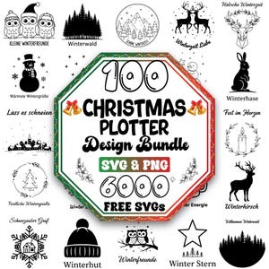 May include: A selection of black and white Christmas-themed designs. The central image reads "100 Christmas Plotter Design Bundle SVG & PNG 6000 FREE SVGs". Other designs include owls, trees, deer, and winter-themed text.