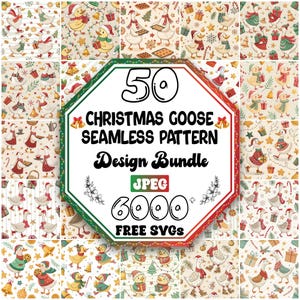 May include: A collection of Christmas-themed seamless patterns featuring geese in festive attire. The patterns include geese with hats, scarves, and holding gifts, set against backgrounds with Christmas trees and presents. The image also includes text that reads "50 Christmas Goose Seamless Pattern Design Bundle".