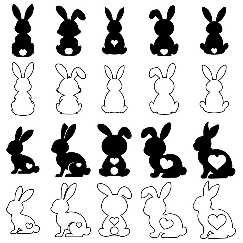 May include: A set of 20 black and white bunny silhouettes. The bunnies are in various poses, some with hearts on their chests. The silhouettes are perfect for crafting, scrapbooking, or digital design.