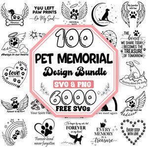 Puede incluir: Una colección de diseños conmemorativos para mascotas en blanco y negro. La imagen central presenta un octágono rosa y blanco con el texto "PET MEMORIAL Design Bundle" y "6000 FREE SVGs".