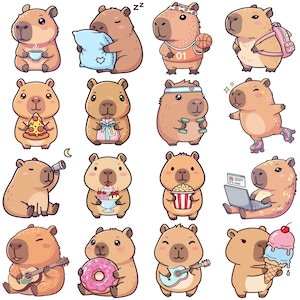 May include: A collection of cartoon capybaras in various poses. One holds a cup, another a pillow, and a third a basketball. Other capybaras are shown with a backpack, pizza, dumbbells, and roller skates. The collection includes a capybara with a telescope, ice cream, popcorn, and a laptop.