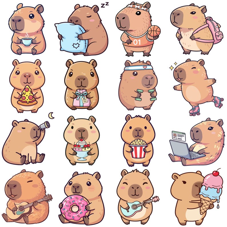 May include: A collection of cartoon capybaras in various poses. One holds a cup, another a pillow, and a third a basketball. Other capybaras are shown with a backpack, pizza, dumbbells, and roller skates. The collection includes a capybara with a telescope, ice cream, popcorn, and a laptop.