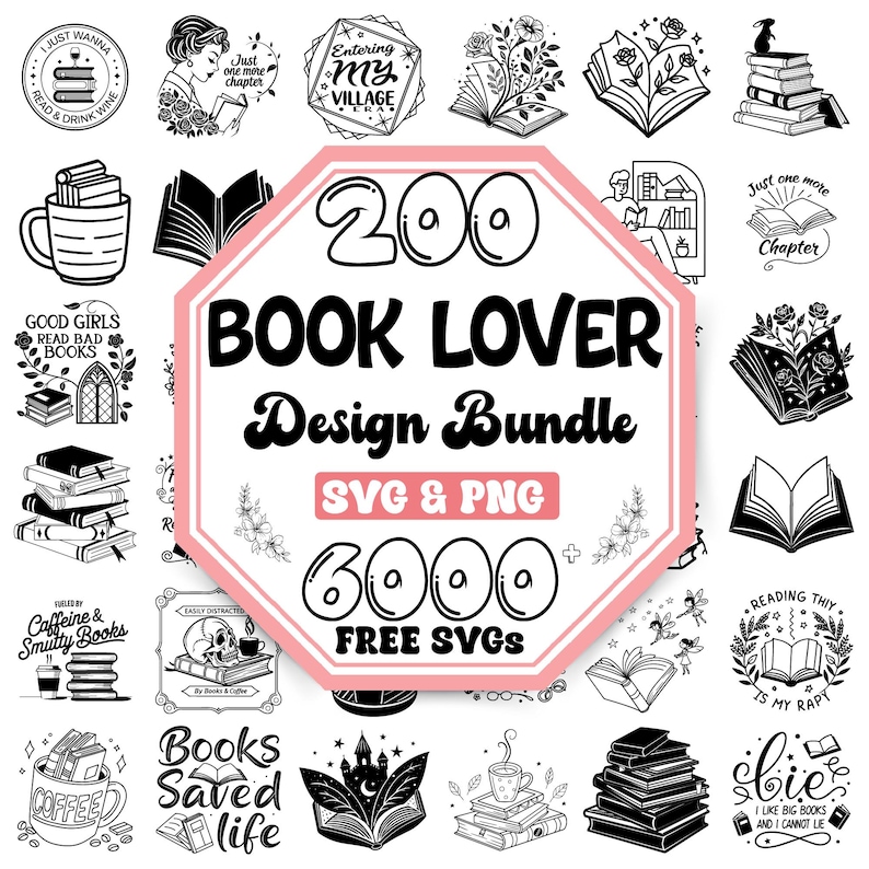 Puede incluir: Un paquete de dise&ntilde;o en blanco y negro con el texto "200 BOOK LOVER Design Bundle SVG & PNG 6000 FREE SVGS". La imagen incluye varias ilustraciones tem&aacute;ticas de libros, como pilas de libros, libros abiertos y citas sobre la lectura.