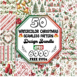 Puede incluir: Una colección de patrones navideños sin costuras en acuarela. La imagen presenta varios diseños festivos, incluyendo árboles de Navidad, campanas, bastones de caramelo y cajas de regalo. El gráfico central dice "50 Watercolor Christmas Seamless Pattern Design Bundle, JPEG, 6000 Free SVGs."