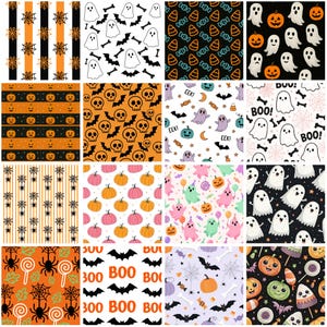 May include: A collection of Halloween-themed patterns. Designs include ghosts, pumpkins, bats, candy corn, skulls, and spiderwebs. Colors include orange, black, white, and purple. These patterns are suitable for fabric, wallpaper, or digital art.