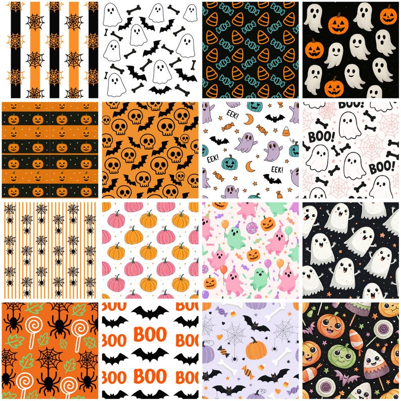May include: A collection of Halloween-themed patterns. Designs include ghosts, pumpkins, bats, candy corn, skulls, and spiderwebs. Colors include orange, black, white, and purple. These patterns are suitable for fabric, wallpaper, or digital art.