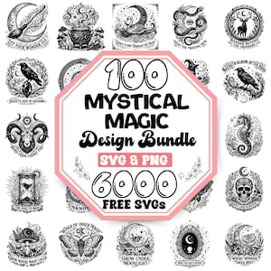 May include: A digital design bundle featuring 100 mystical magic illustrations in black and white. The central text reads 100 MYSTICAL MAGIC Design Bundle SVG & PNG 6000+ FREE SVGS. Surrounding the text are various circular graphic designs.