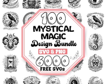 May include: A digital design bundle featuring 100 mystical magic illustrations in black and white. The central text reads 100 MYSTICAL MAGIC Design Bundle SVG & PNG 6000+ FREE SVGS. Surrounding the text are various circular graphic designs.
