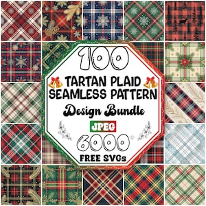 May include: A collection of tartan plaid seamless patterns in various colors, including red, green, and blue. The image features a central graphic with the text "100 TARTAN PLAID SEAMLESS PATTERN Design Bundle" and "6000 FREE SVGs".