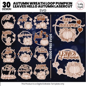 Può includere: Una collezione di 30 design tagliati al laser a tema autunnale, con zucche, foglie e frasi stagionali come "Fall" e "Hello Autumn". I design sono in formato SVG, adatti per progetti di artigianato digitale. Il testo "6000 FREE SVGS" è incluso.