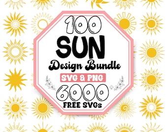 Może przedstawiać: Kolekcja żółtych wzorów słońca w różnych stylach, otaczająca różowo-biały znak. Znak głosi "100 SUN Design Bundle SVG & PNG 6000 FREE SVGs".