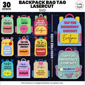 Puede incluir: Colección de etiquetas con forma de mochila coloridas con el texto "Tap for Emergency Contact" y nombres. Los diseños incluyen estrellas, mariposas y lápices. Las etiquetas son para corte láser y son plantillas digitales.