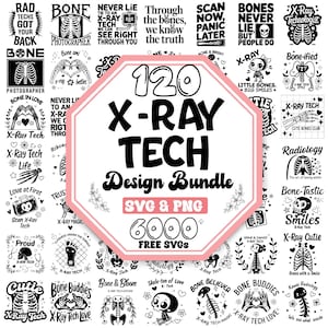 Könnte beinhalten: Ein Schwarz-Weiß-Grafikdesign-Paket für Röntgentechniker. Das Paket enthält 120 Designs, 6000 kostenlose SVGs und wird mit SVG- und PNG-Dateien geliefert. Die Designs zeigen verschiedene Röntgen-bezogene Themen, wie Knochen, Herzen und medizinische Geräte.