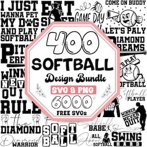 Puede incluir: Un conjunto de diseños con temática de softbol en blanco y negro, con un gráfico octogonal rosa y blanco en el centro que dice "400 SOFTBALL Design Bundle SVG & PNG 6000 FREE SVGs". La imagen incluye varias frases y gráficos relacionados con el softbol.